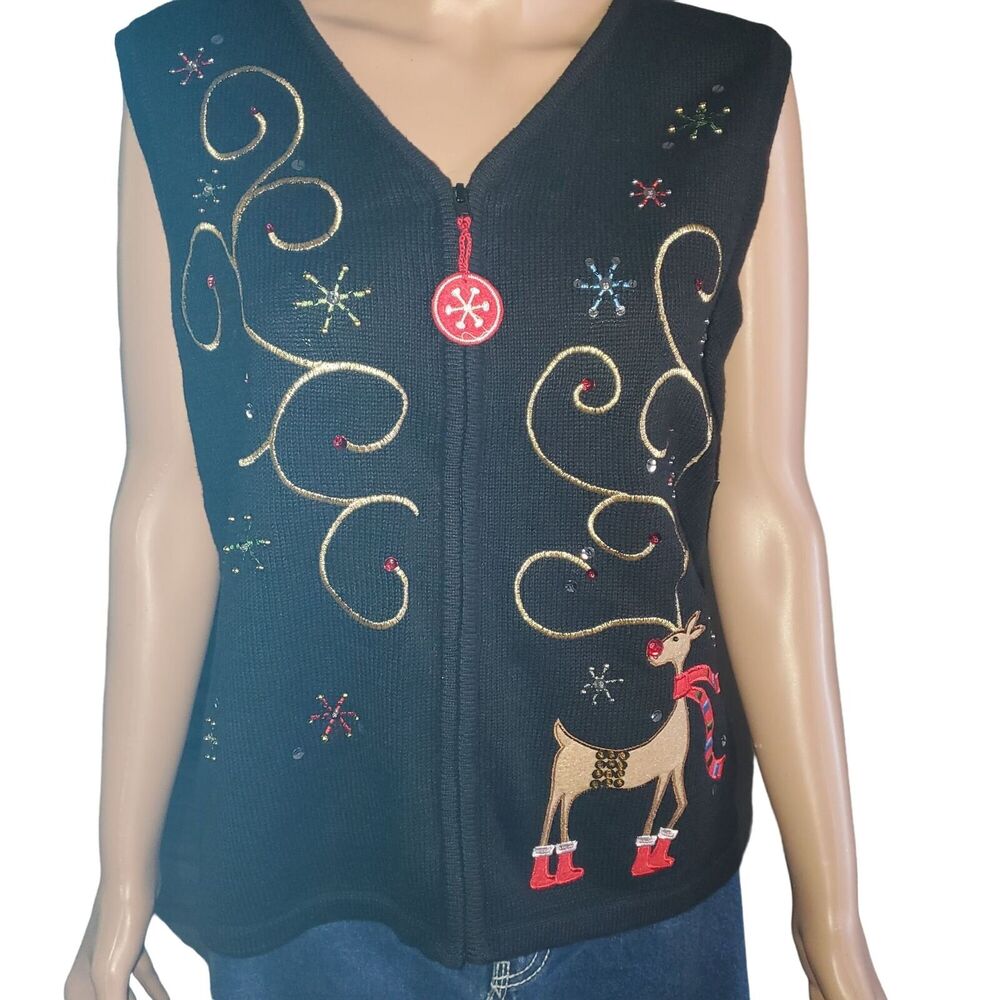 NWT Vntg Shane Lee Inc Zip Sweater Vest Christmas Rudolf 90s New Old Stock Sz M